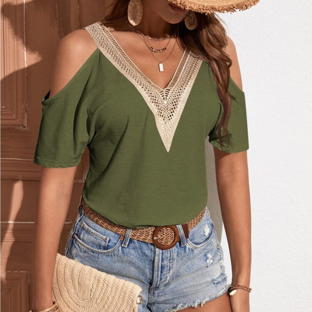 Classic Elegant boho Sheer Mesh Lace Cold Shoulder Tee T Shirt Top Blouse - Picture 3 of 6